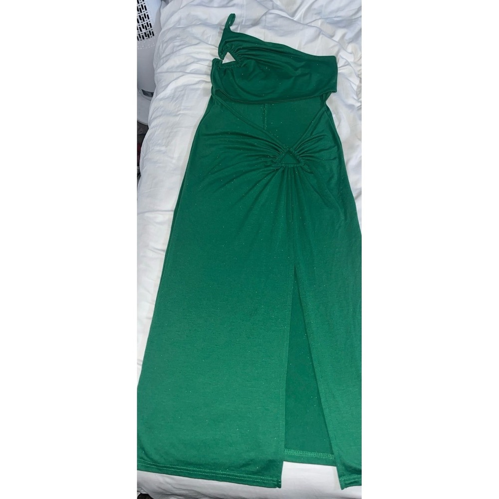 Emerald Green One Shoulder Cutout O-Ring Midi Dress with Slit Sparkly Green